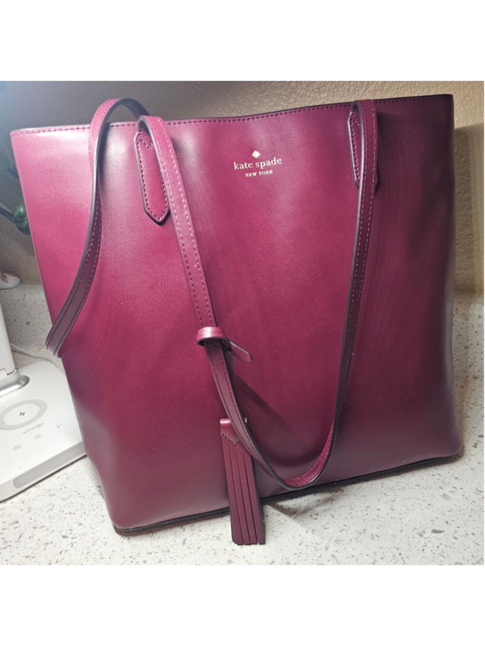 Kate Spade New York Burgundy Smooth Leather Tassel Tote Bag